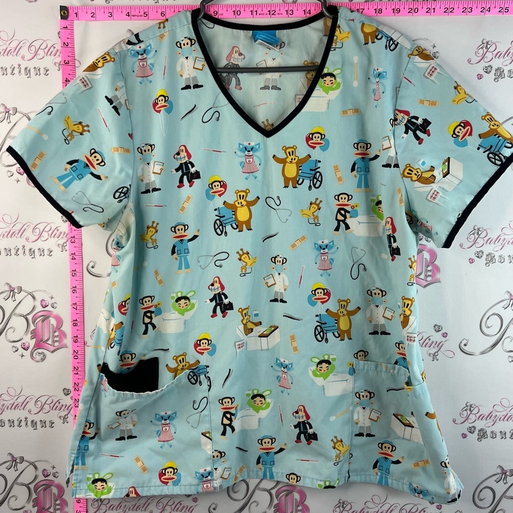 Paul Frank T-shirt Light Blue Short Sleeve VNeck Medical Scrub Top Cartoon Print